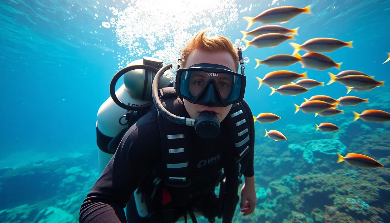 Tauch Ausbildung mit einem Taucher, der verschiedene Tauchausrüstungen in einer lebendigen Unterwasserumgebung verwendet.