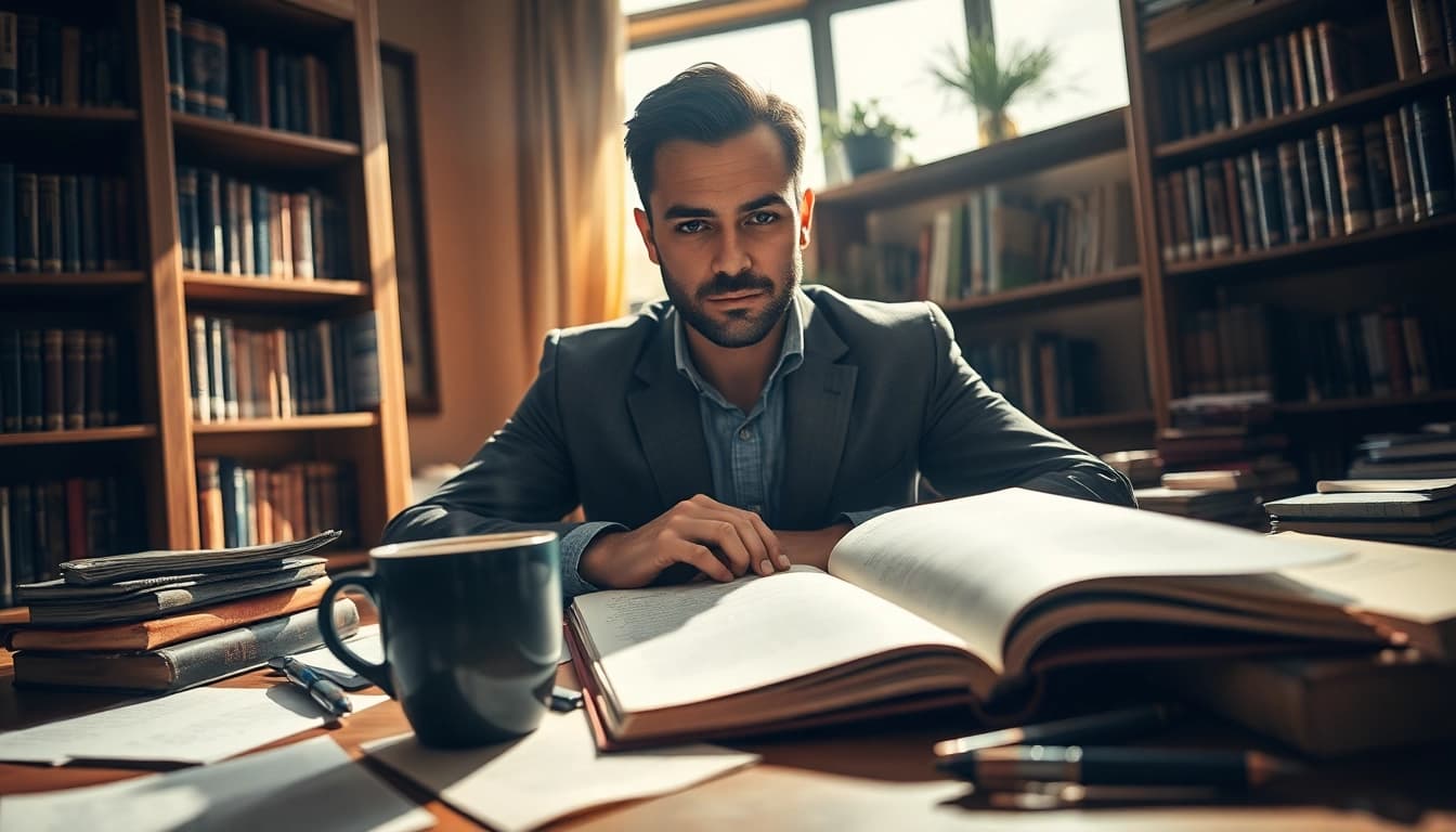 Thriller author immersed in writing at a desk with books and notes.