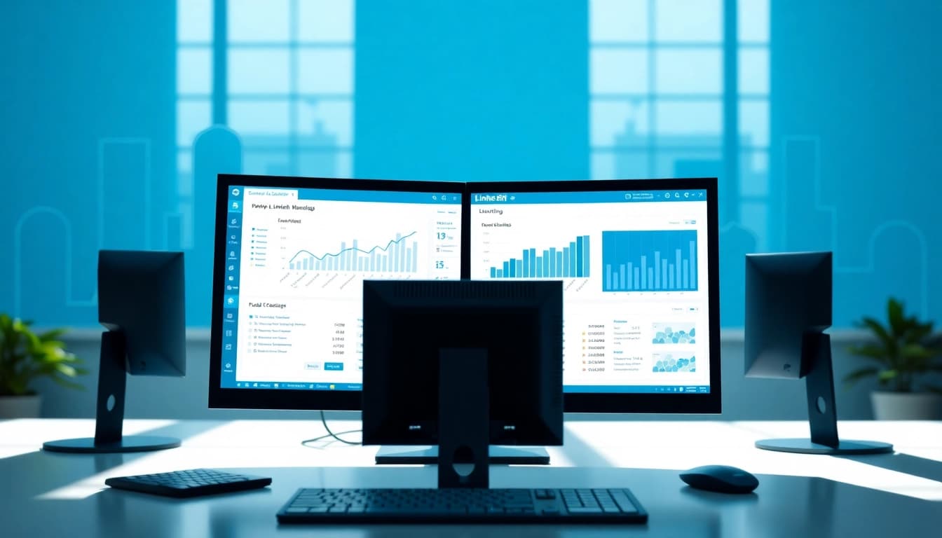 Visual guide on how to scrape linkedin leads from search results using a computer data analytics setup.