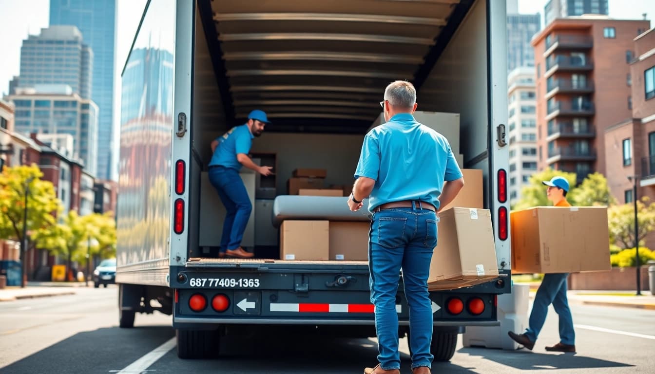 Efficient movers from a boston moving company load furniture into a truck while showcasing urban teamwork.