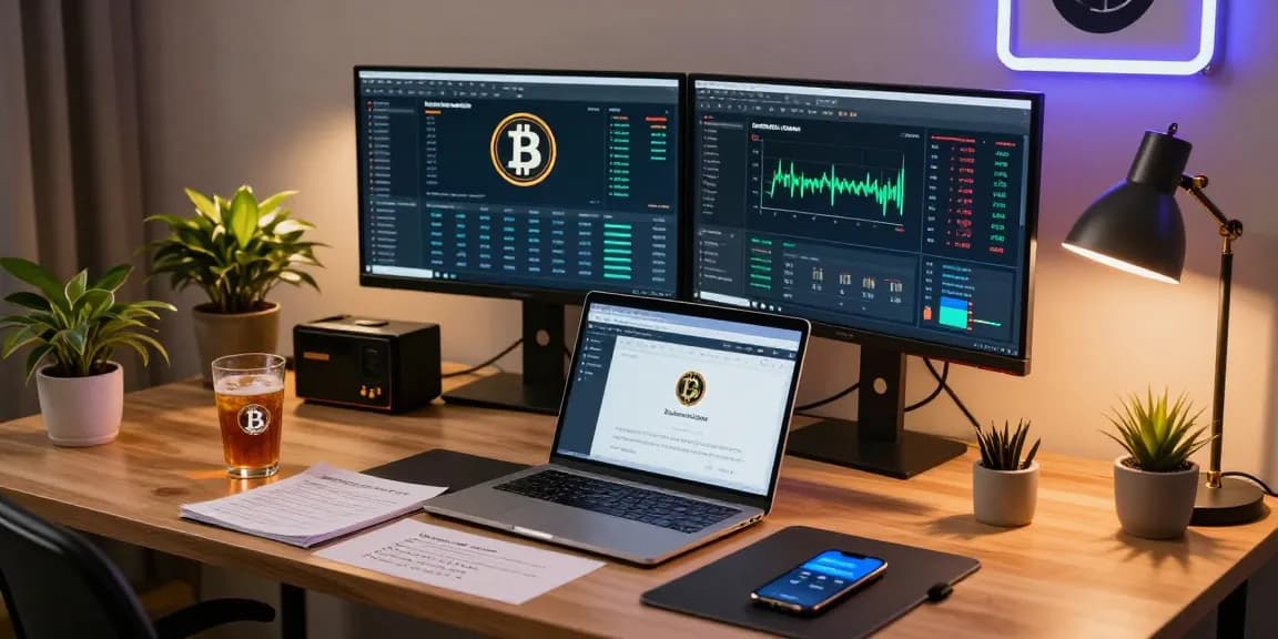 bitcoin mining company workspace with monitors and digital wallet in a modern home office