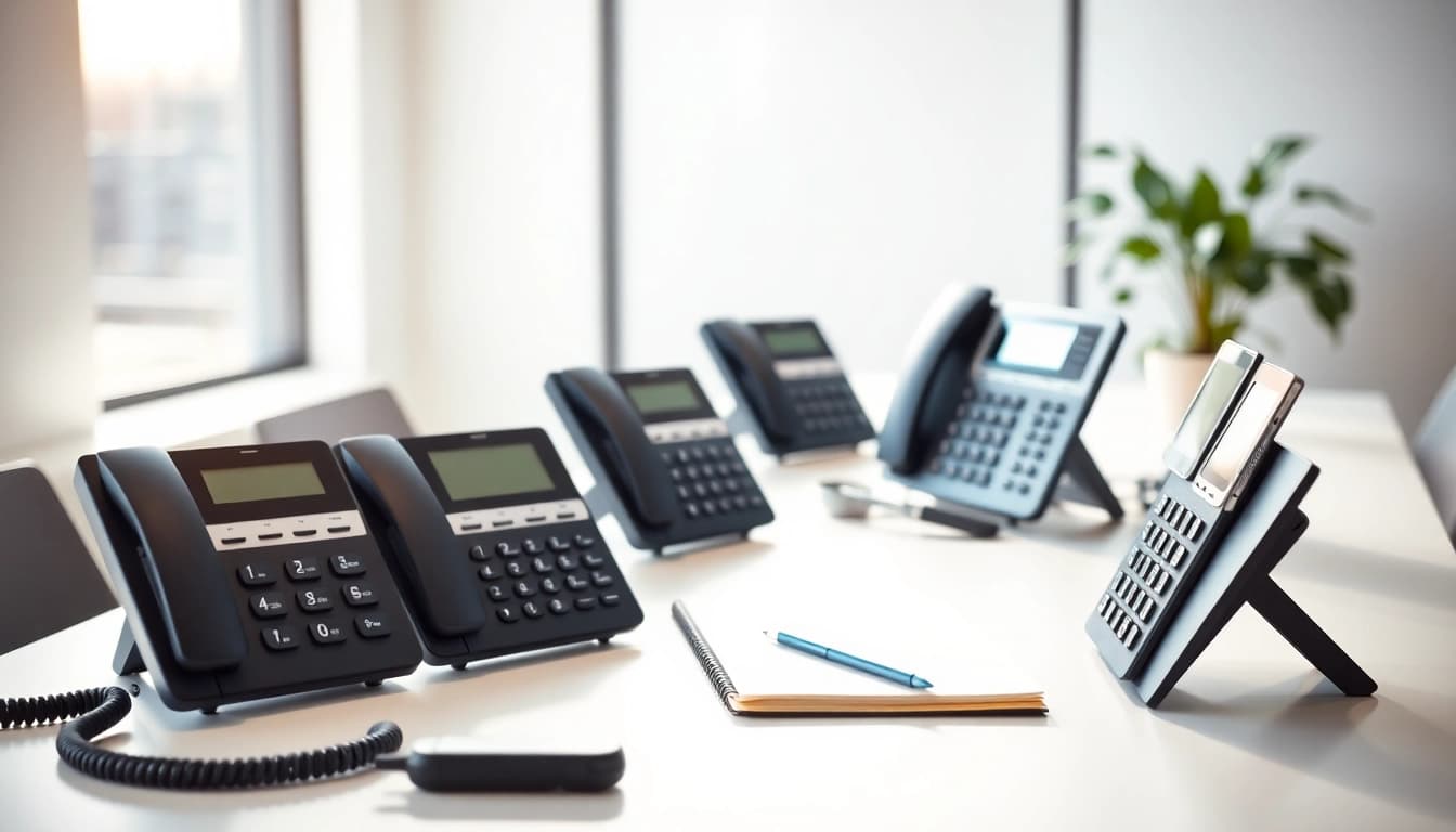 Showcasing business phones in a professional workspace for optimal communication solutions.