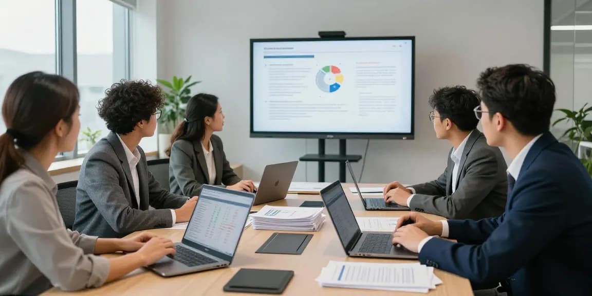 Ruang kantor AAFI KOTA JAKARTA dengan tim auditor forensik berdiskusi tentang strategi audit.