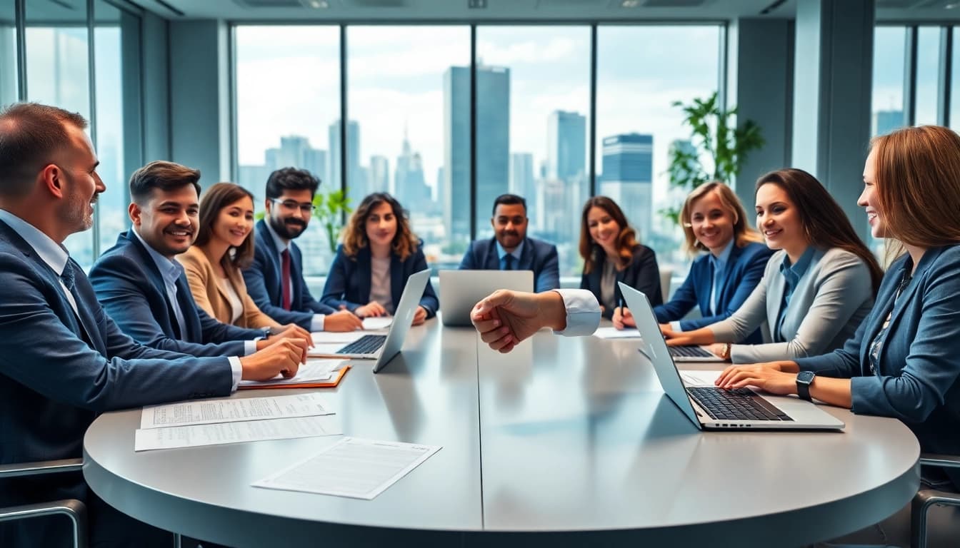 Professionals collaborating on Federal and State contracts in a modern office environment.