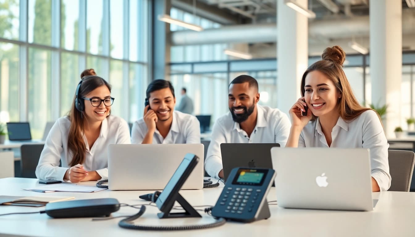 Engaging scene of business phone providers in a modern office, showcasing communication and teamwork.