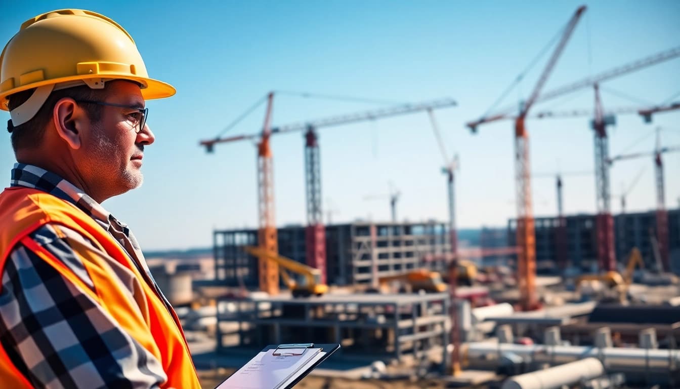 New Jersey Construction Manager supervising a construction site with cranes and equipment.