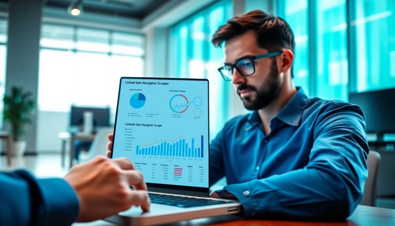 Use a linkedin sales navigator scraper on a laptop in a modern office setting with digital analytics.