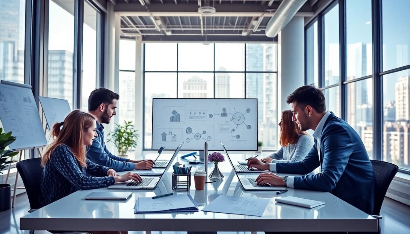 Web design company team creating innovative digital solutions in a modern workspace.