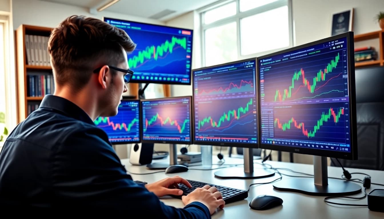 Analyze crypto trends in a modern office setup with multiple screens.