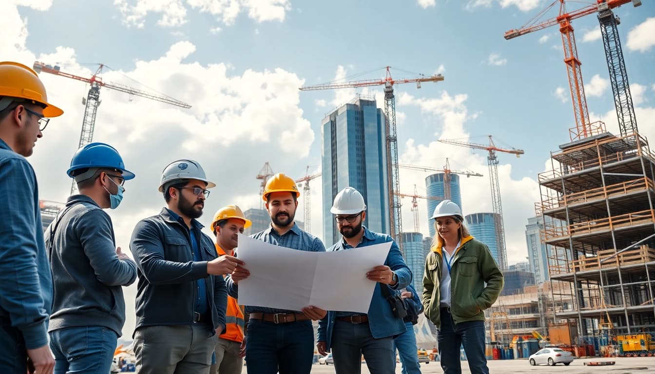 Manhattan Commercial General Contractor overseeing a dynamic construction project with engineers collaborating.