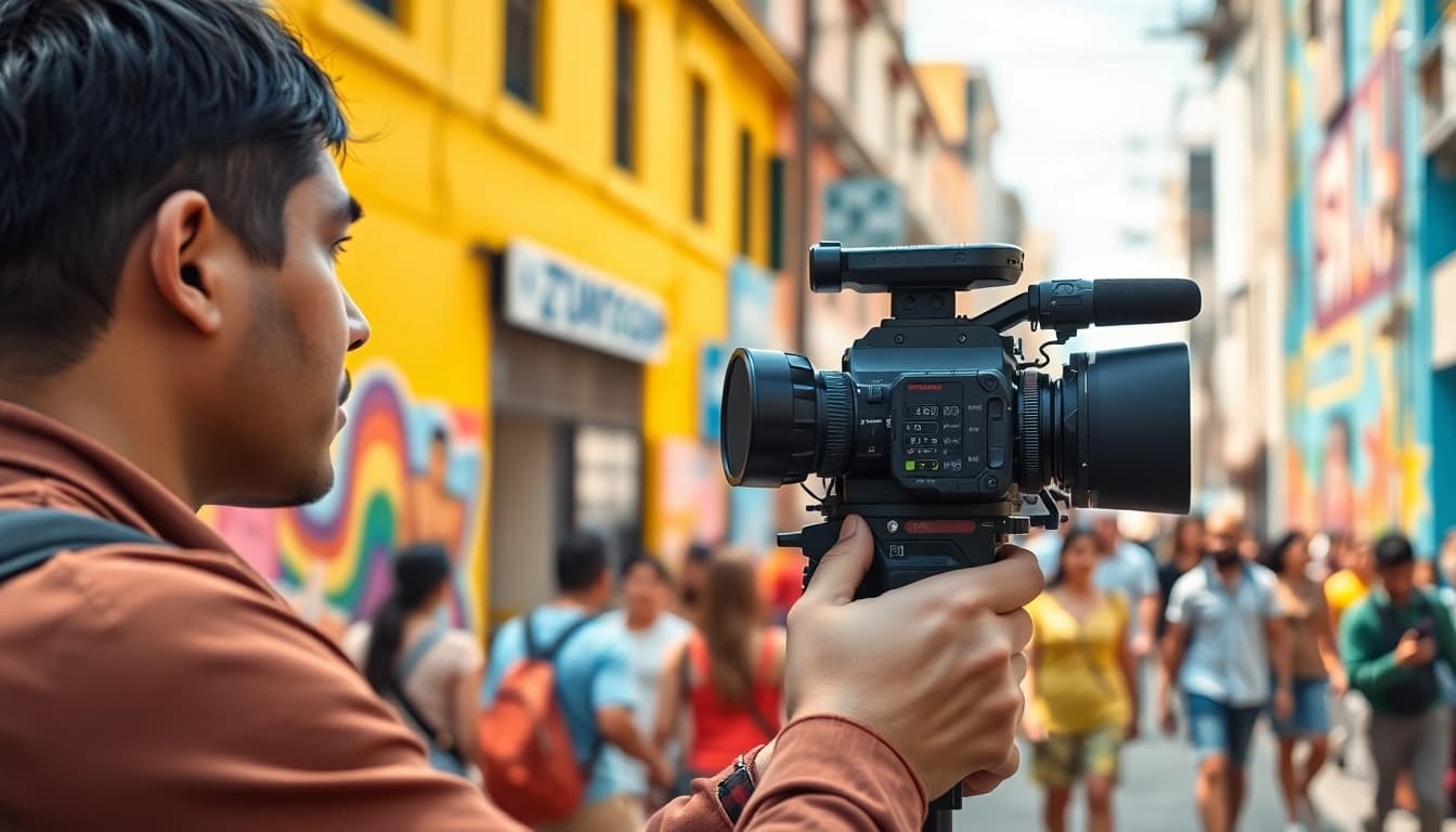 Videographer filming an urban scene, showcasing their skills in a vibrant environment.