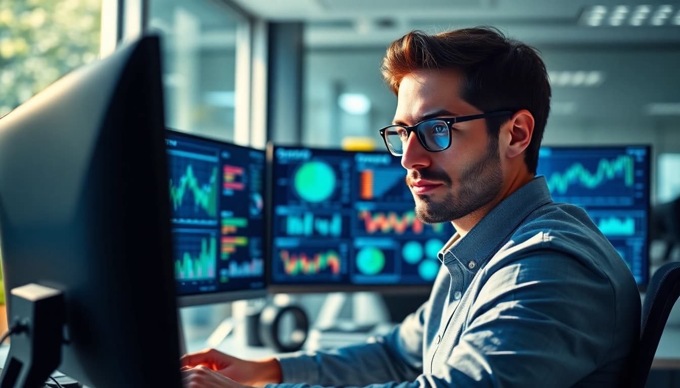 Data analyst using AI for competitor analysis in a modern office environment.
