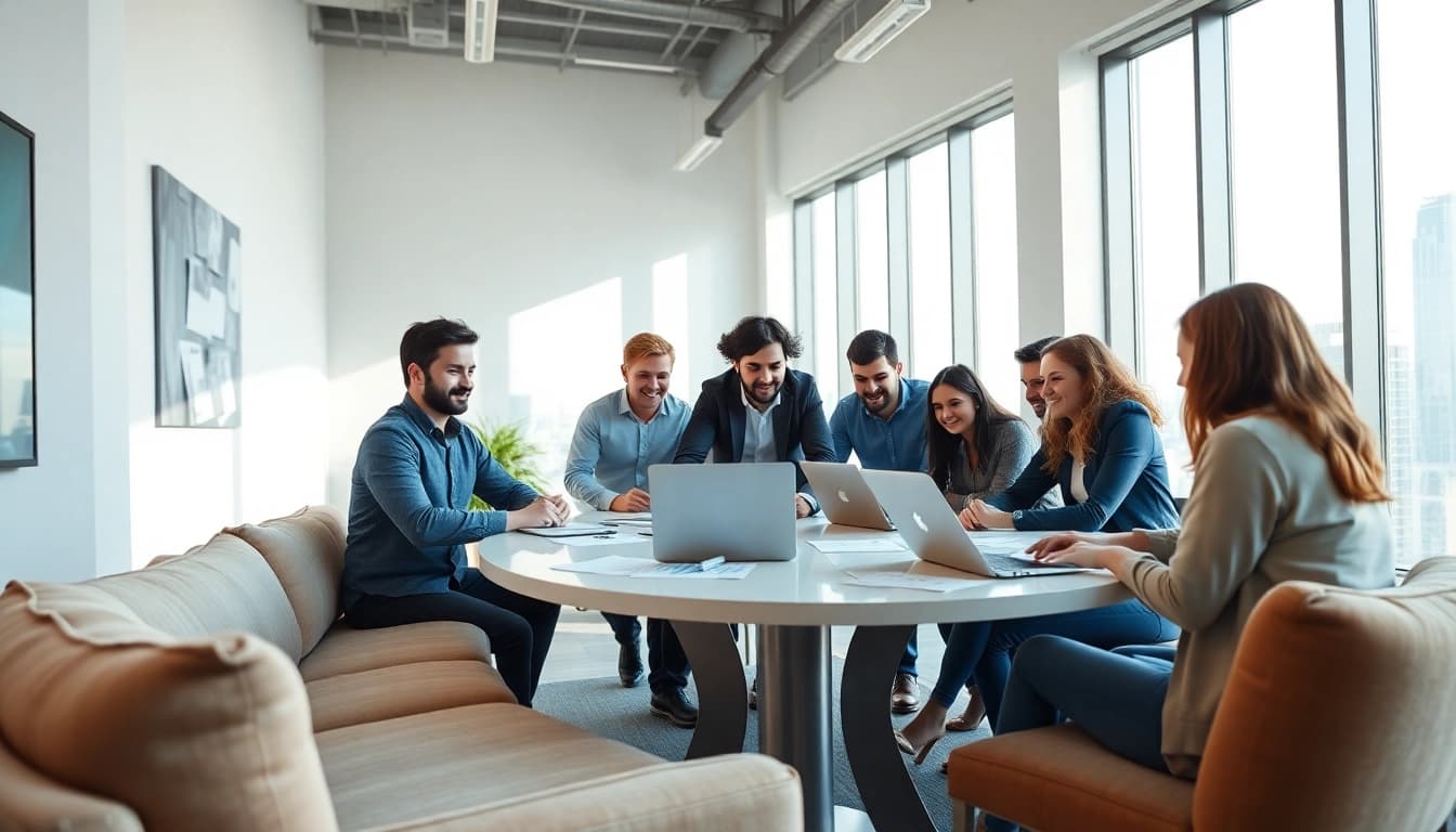 Creative team from web design company collaborating in a modern office setting.