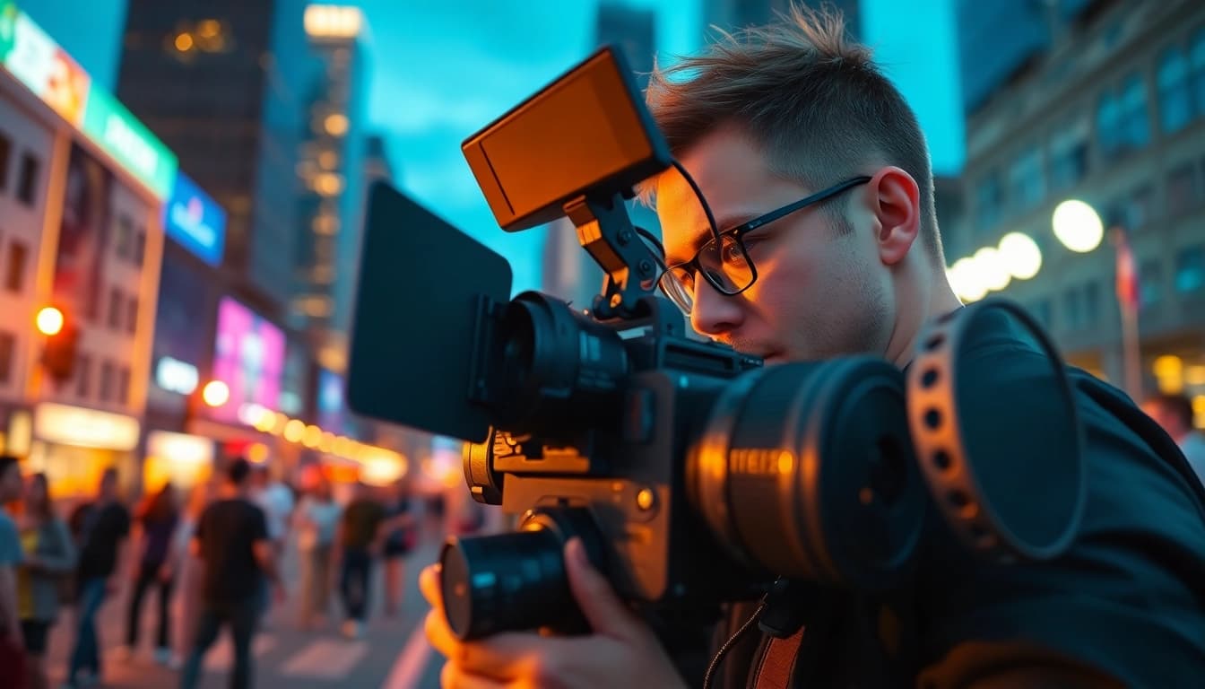 Videographer engaged in capturing an urban scene with a professional camera in a dynamic event.