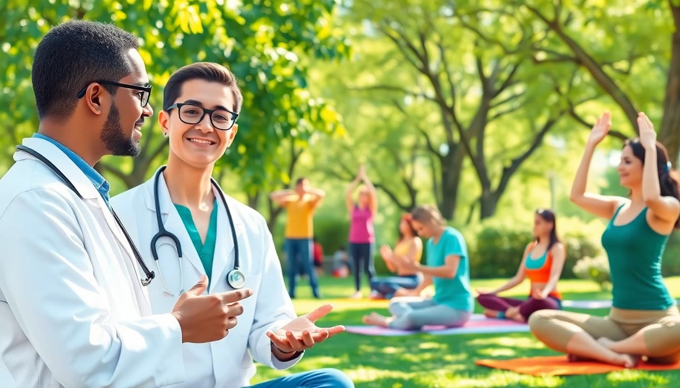 Promoting health through community wellness activities in a sunny park setting.