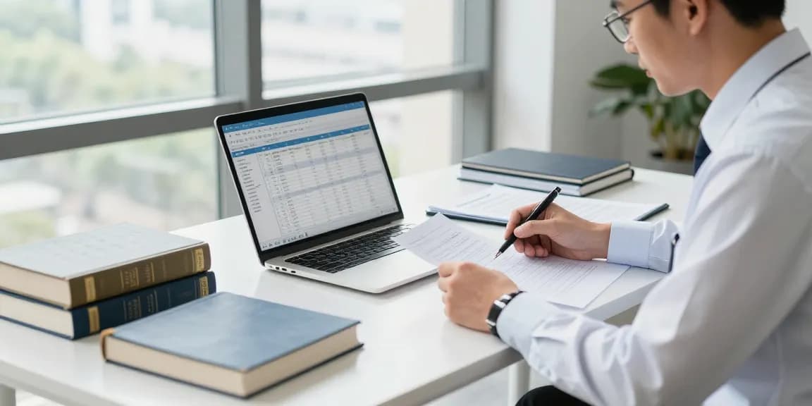 Ruang kerja auditor forensik di aafikotacirebon.org dengan dokumen dan laptop.
