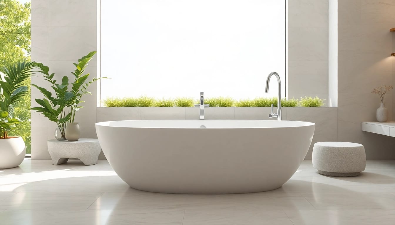Vasca da bagno elegante in un ambiente moderno con decorazioni rilassanti.