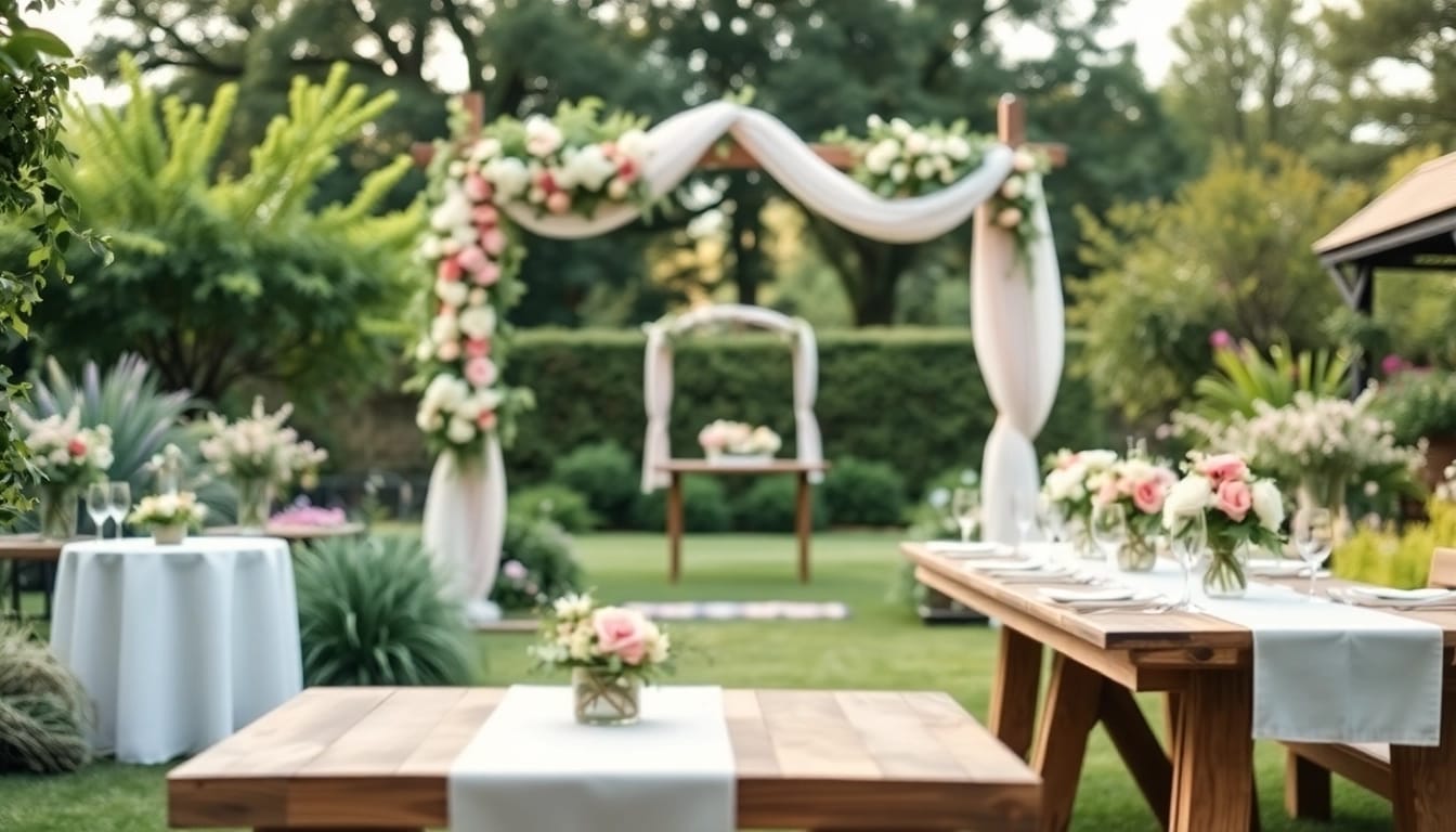 Showcasing stunning Wedding Rentals with beautifully styled tables and floral decor in a garden setting.