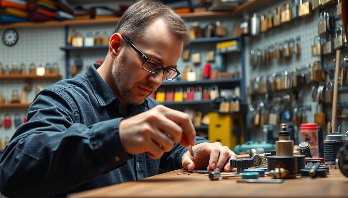 Expert Durham locksmith showcasing precise skills in a well-equipped workshop.