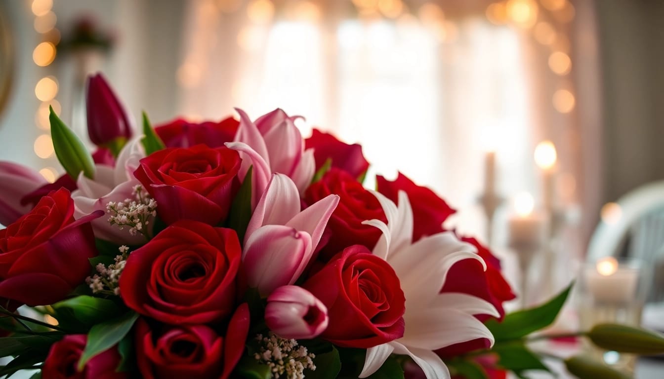Beautiful bouquet of valentines flowers featuring red roses, pink tulips, and white lilies.