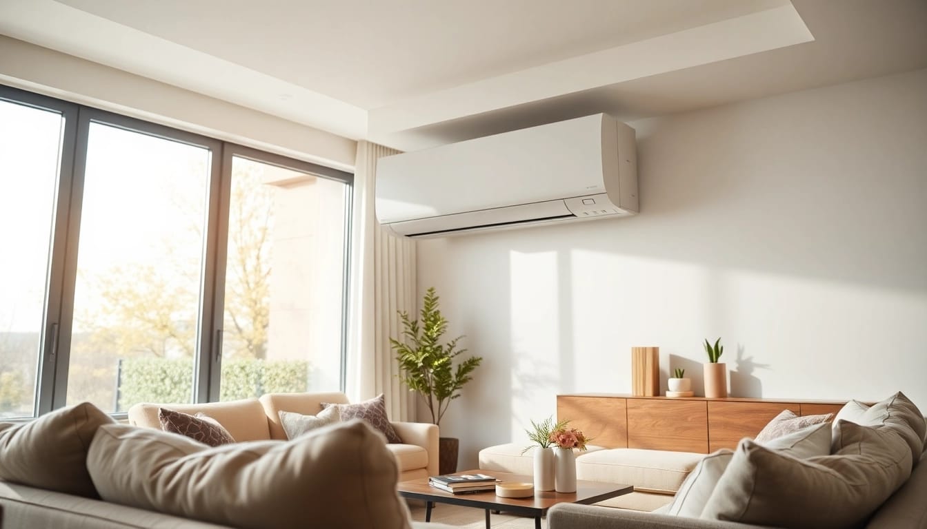 Showcasing a Mitsubishi mini split AC in a modern interior setting with bright natural lighting.