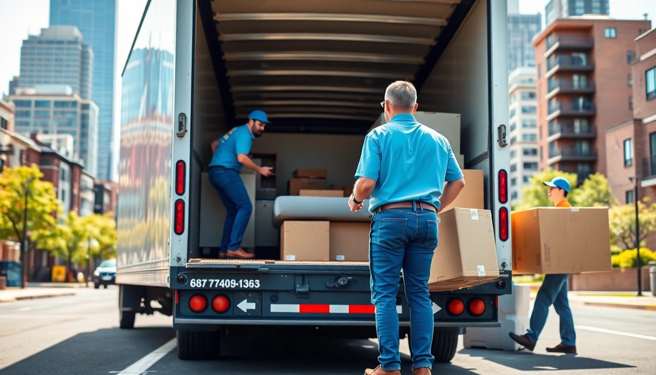 Efficient movers from a boston moving company load furniture into a truck while showcasing urban teamwork.