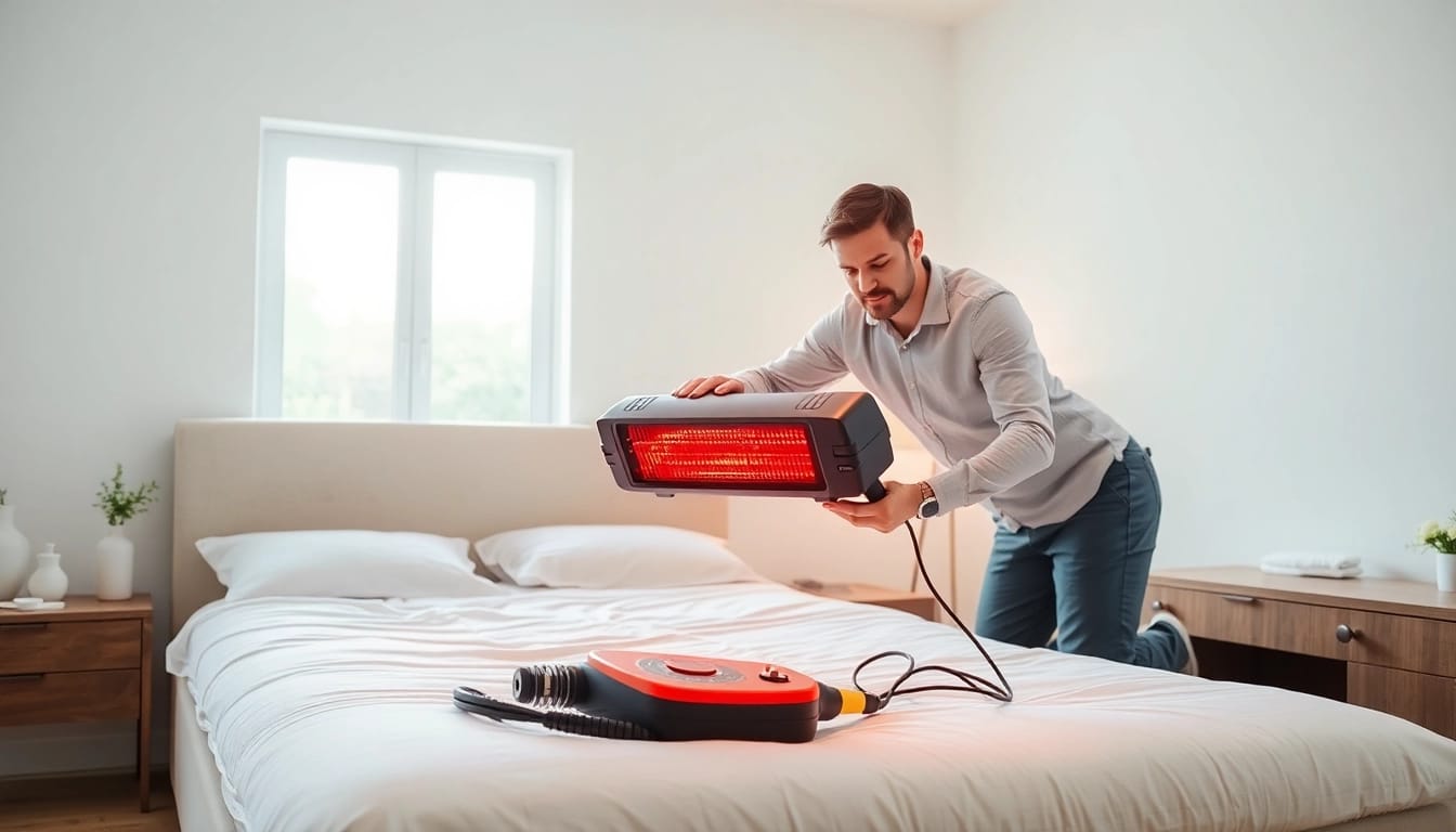 Effective bed bug control showcased in a modern bedroom during treatment with a professional.