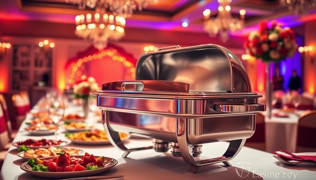 Showcase of a chafing dish elegantly arranged on a banquet table with vibrant decorations.