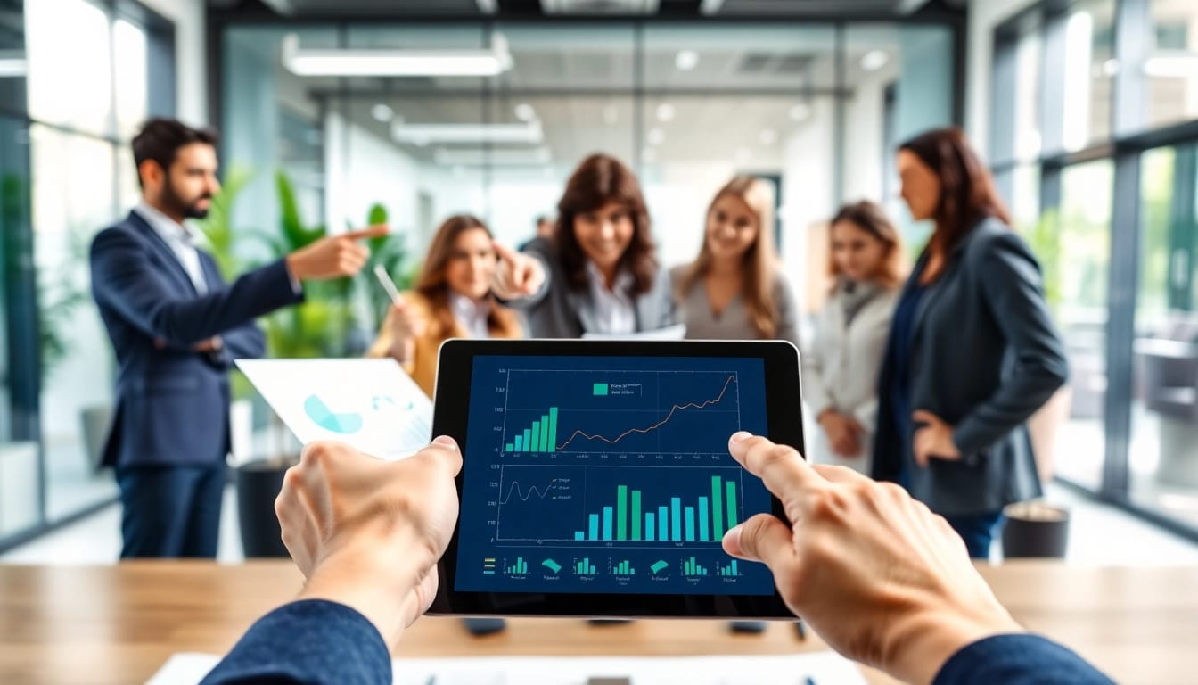 Illustration of growth strategy trends with a diverse team in a modern office.