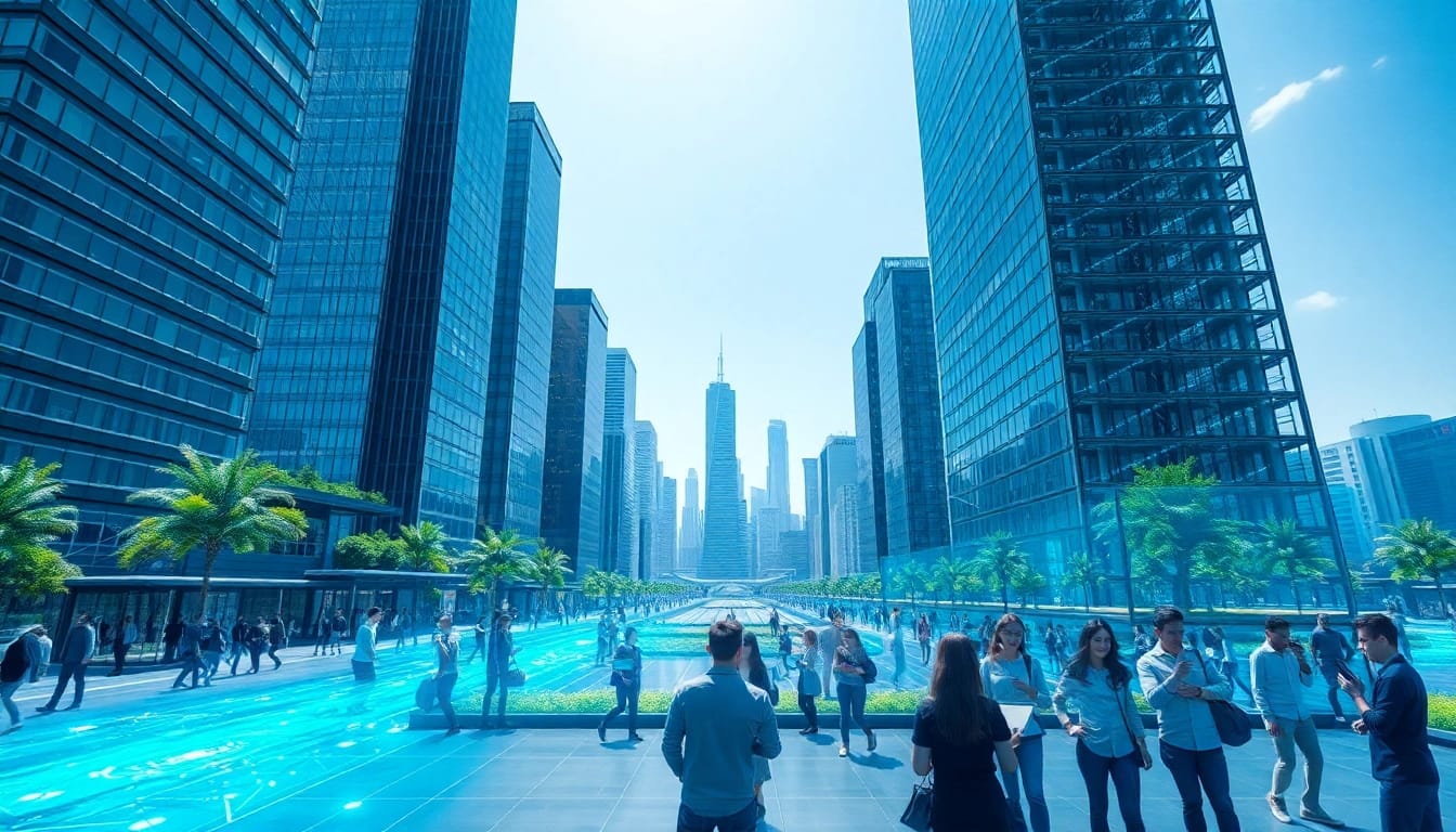 Technology landscape featuring diverse people interacting with advanced devices in a futuristic setting.