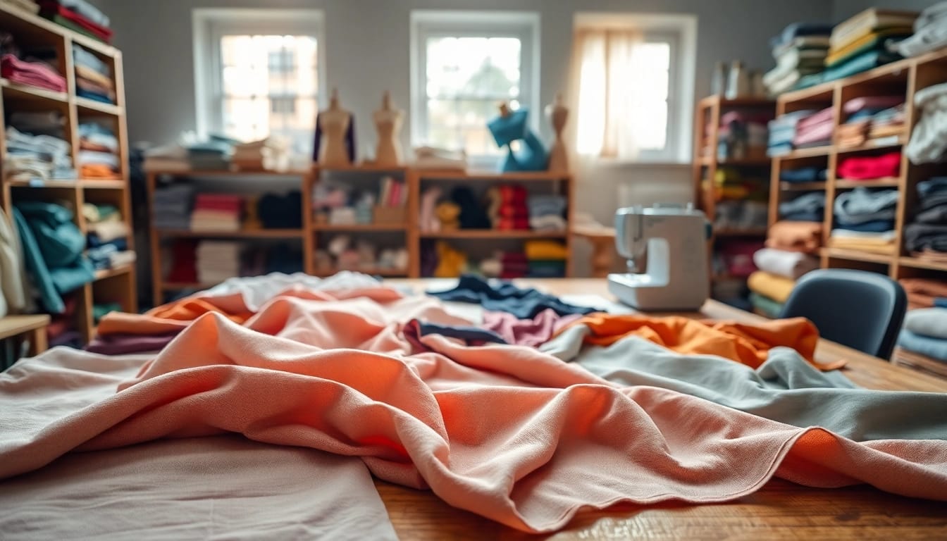 Bekijk stoffen online op een prachtig verlichte werktafel vol diverse stoffen.