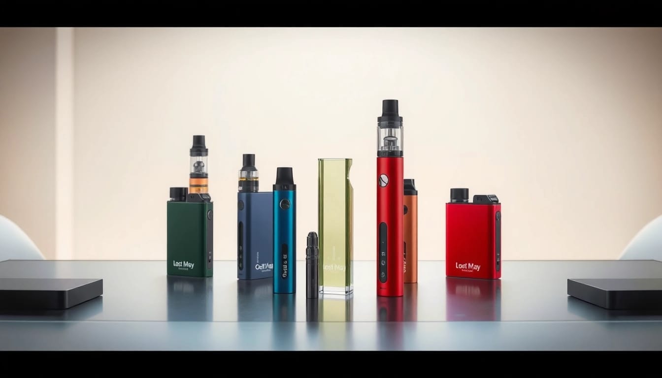 Showcasing Lost Mary disposable vapes with vibrant designs on a sleek table under bright lighting.