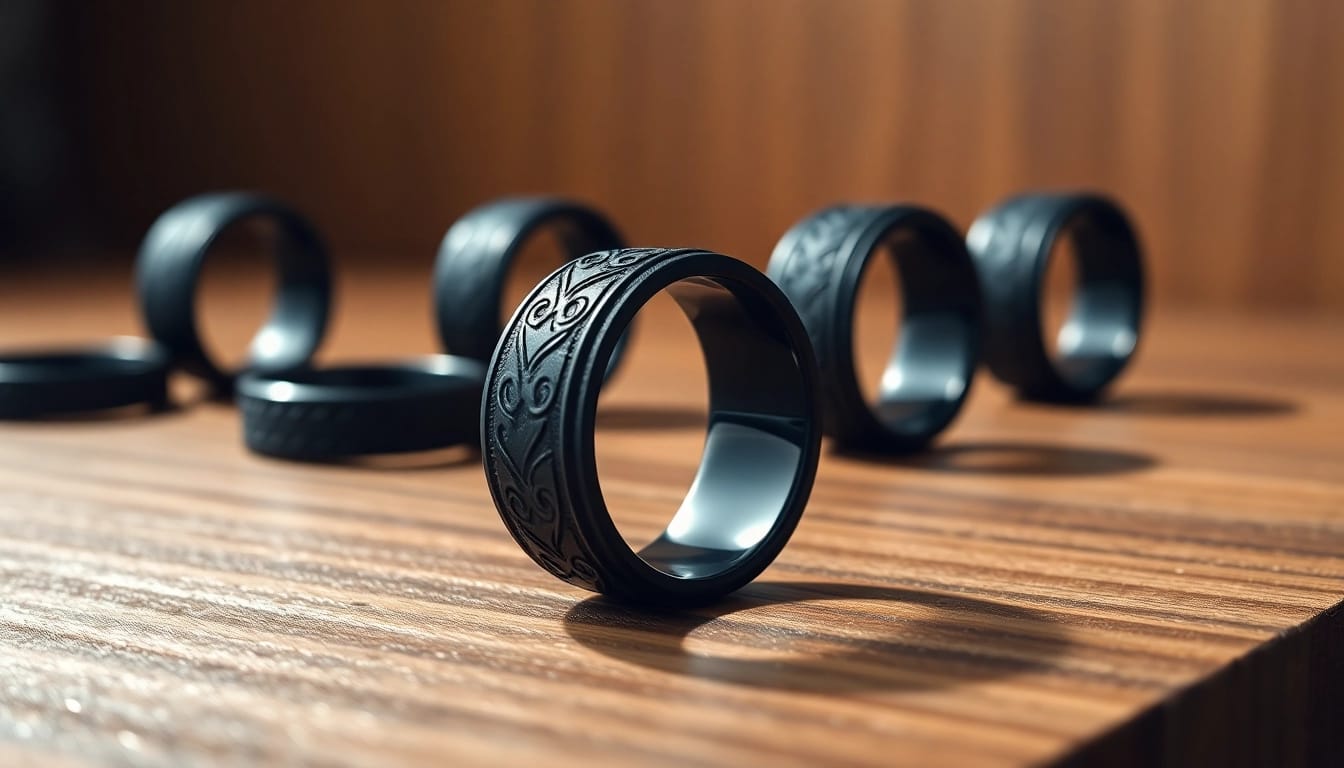 Stunning Black Zirconium Rings showcased beautifully with intricate designs under warm lighting.