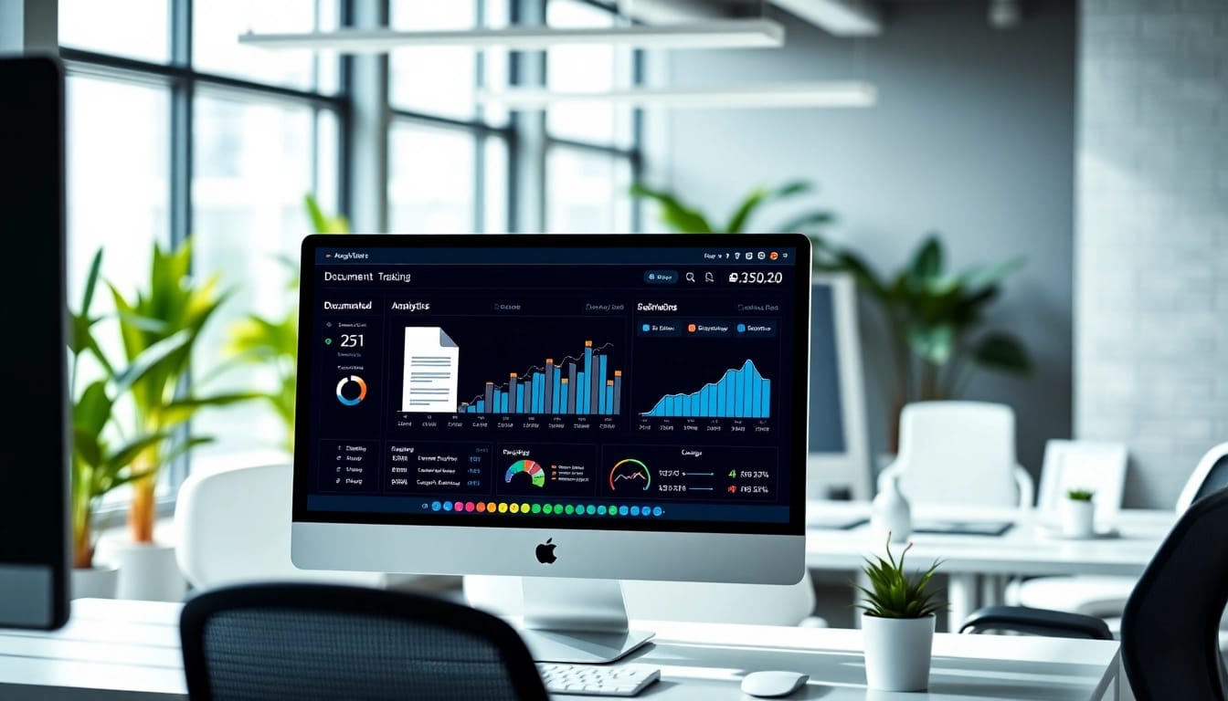 Visual representation of document and link tracking tool features in a modern office setting.