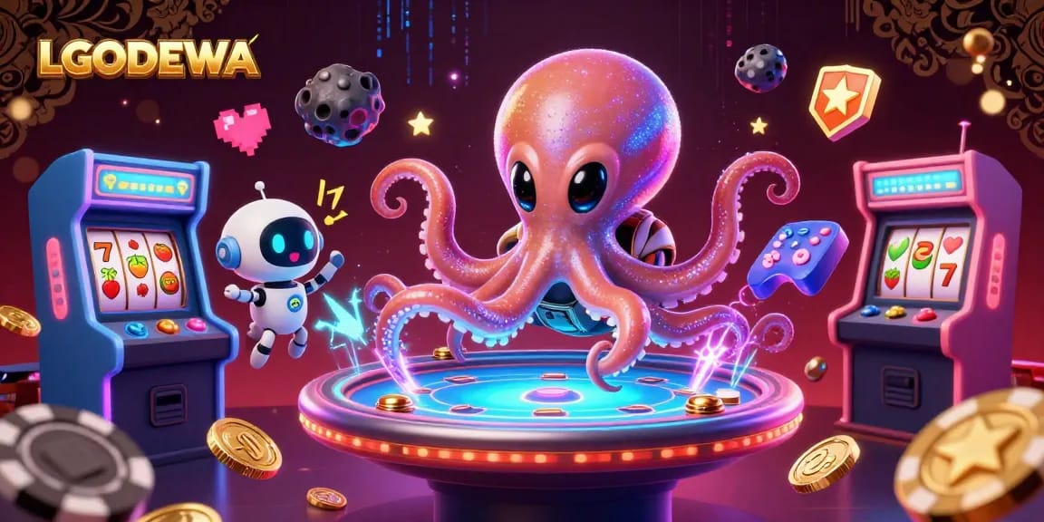 Engage in LGODEWA's thrilling slot experience with vibrant casino elements and characters.