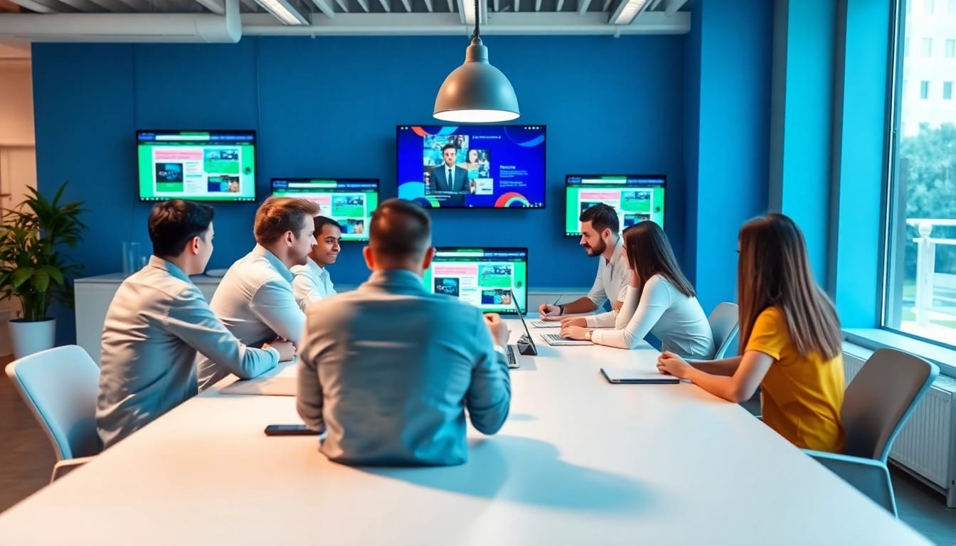 Webdesign Agentur mit einem kreativen Team, das an einem Tisch brainstormt und moderne Designs diskutiert.