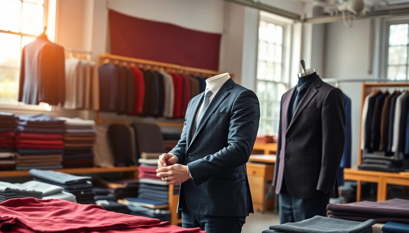 Custom Clothing Manufacturer crafting tailored blazers in a bright, professional workshop.