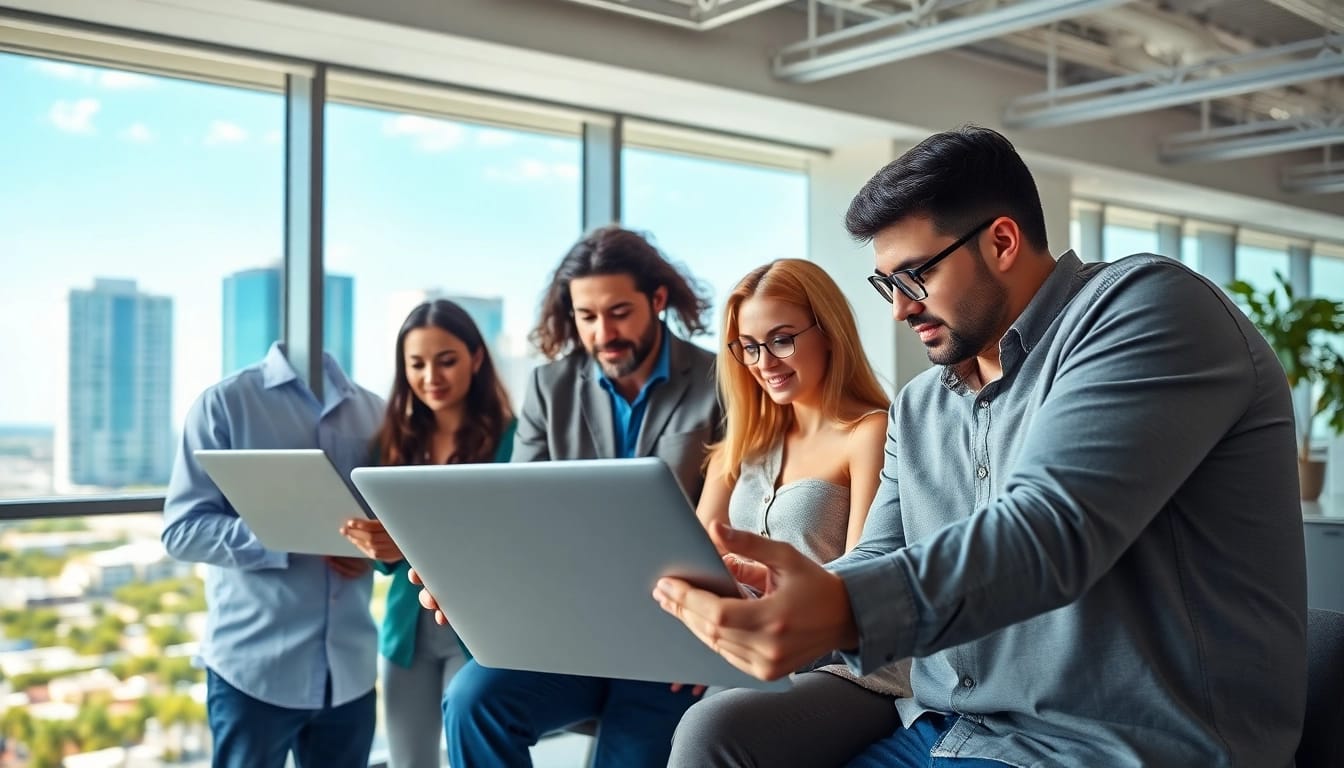 Improve Clearwater FL SEO strategies with a collaborative team analyzing data in a bright office.