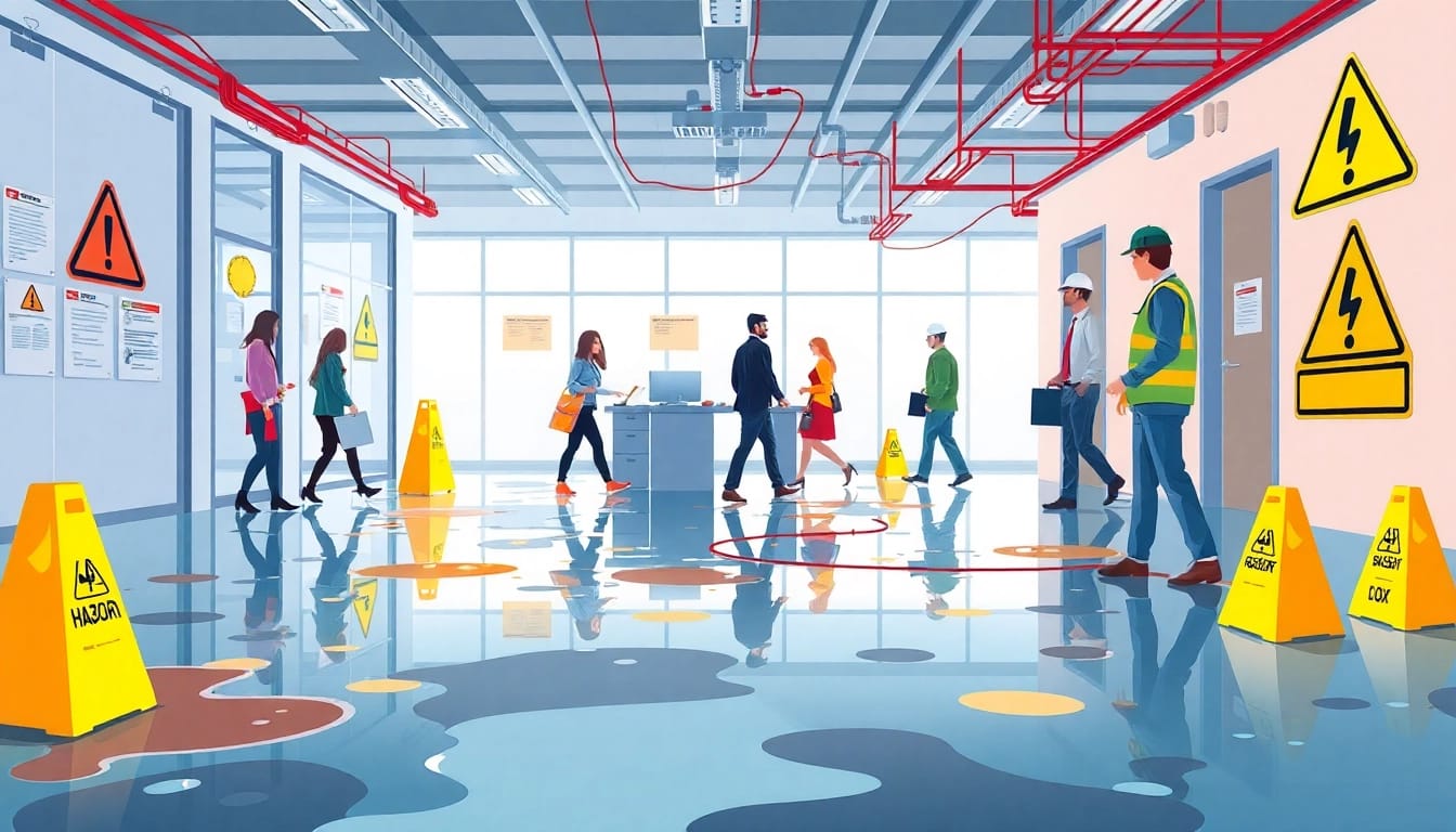 Identify physical hazards in a workplace with caution signs and safety gear.