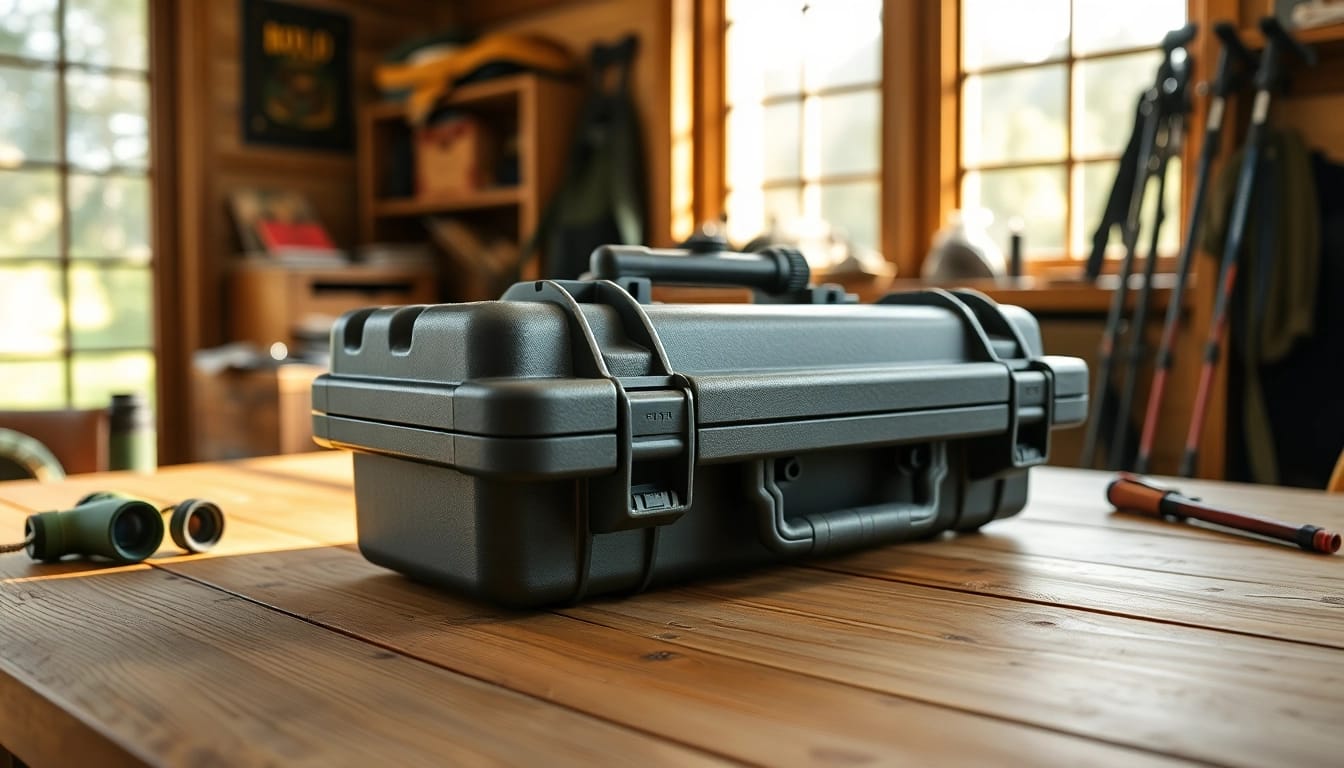 Showcase pelican rifle case with rugged design and outdoor gear in natural light.