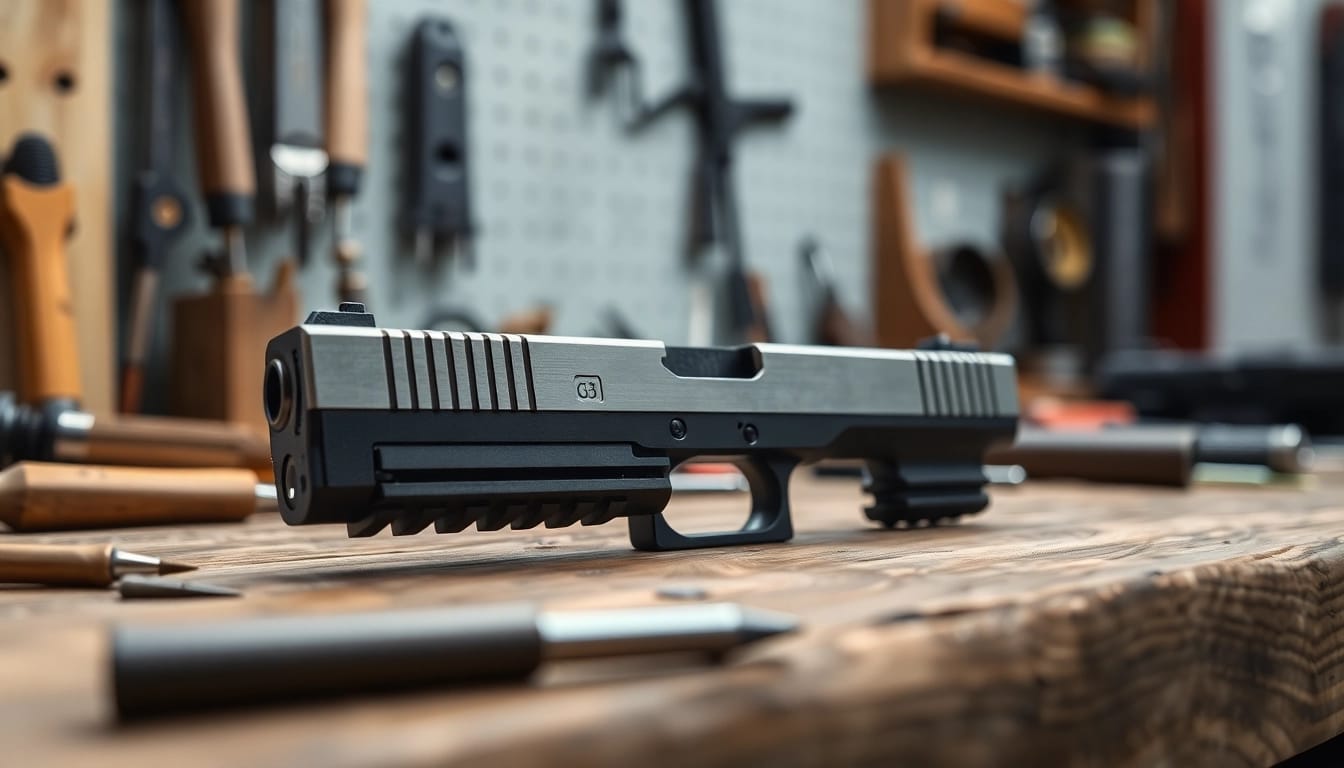 Buy Glock 19 Gen 3 slide showcasing intricate design details on a wooden workbench.