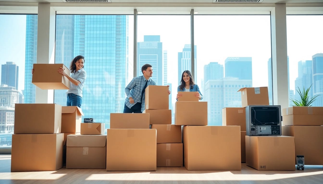 Efficient business movers packing and organizing in an urban office environment.