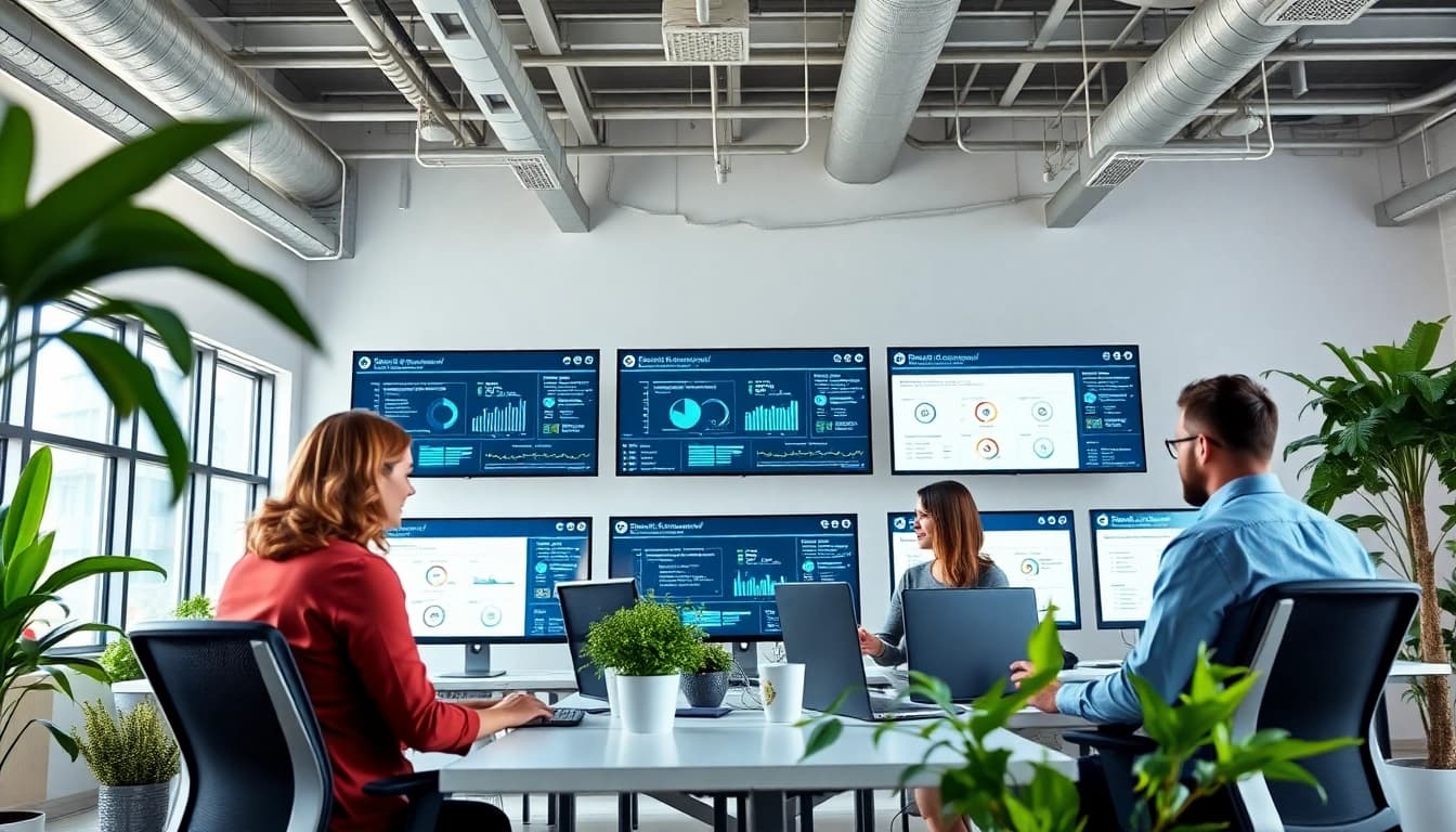 Analyze enterprise search platforms with professionals collaborating in a vibrant office.