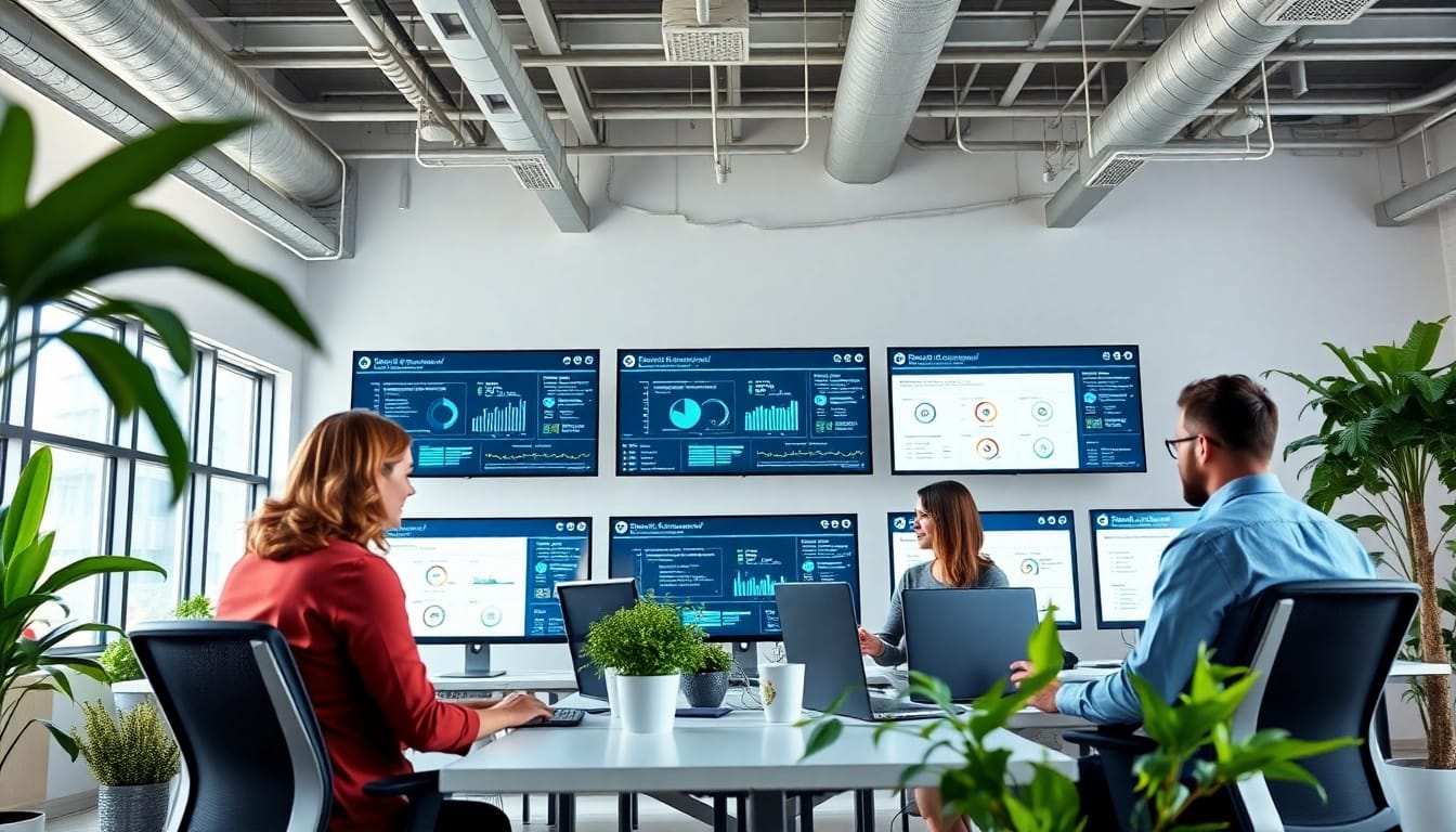 Analyze enterprise search platforms with professionals collaborating in a vibrant office.