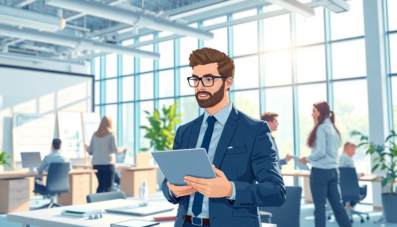 Showcasing an enterprise assistant collaborating in a modern office environment.