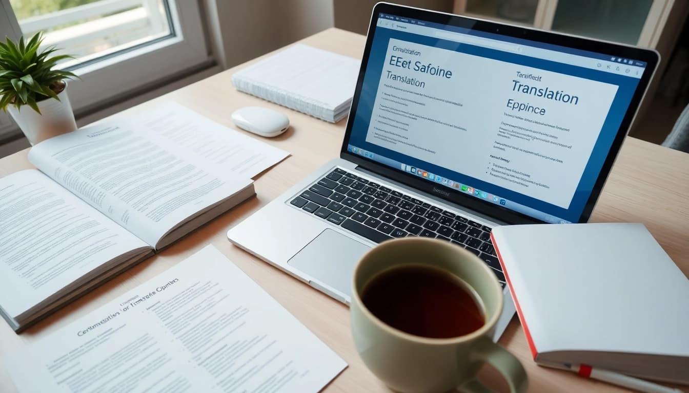 Traducteur assermenté espagnol travaillant à un bureau professionnel avec des documents de traduction