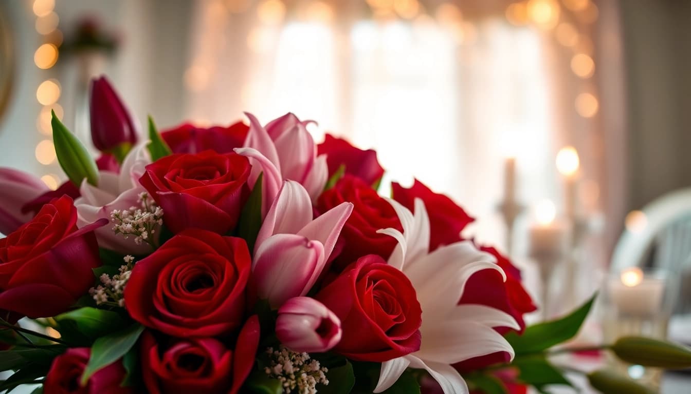 Beautiful bouquet of valentines flowers featuring red roses, pink tulips, and white lilies.