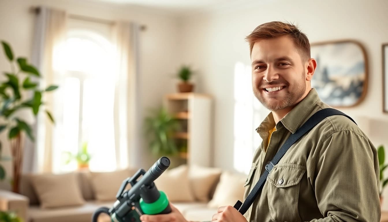 Engaged environmentally safe exterminator applying solutions in a bright, welcoming home.