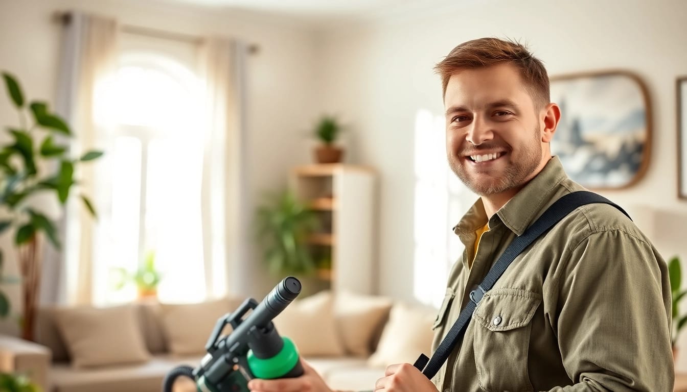 Engaged environmentally safe exterminator applying solutions in a bright, welcoming home.
