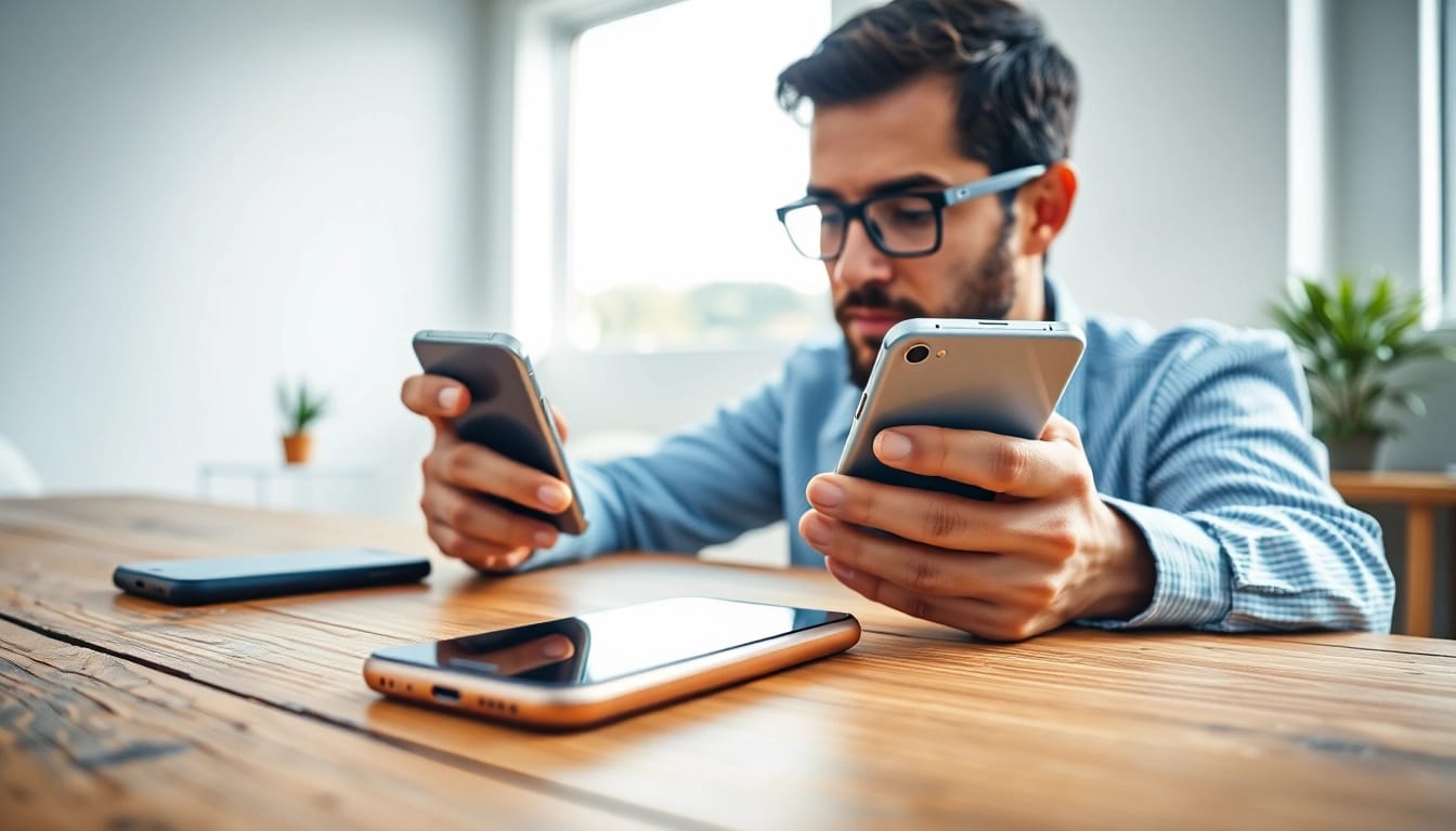 Sell your phone easily while reviewing options in a modern workspace.